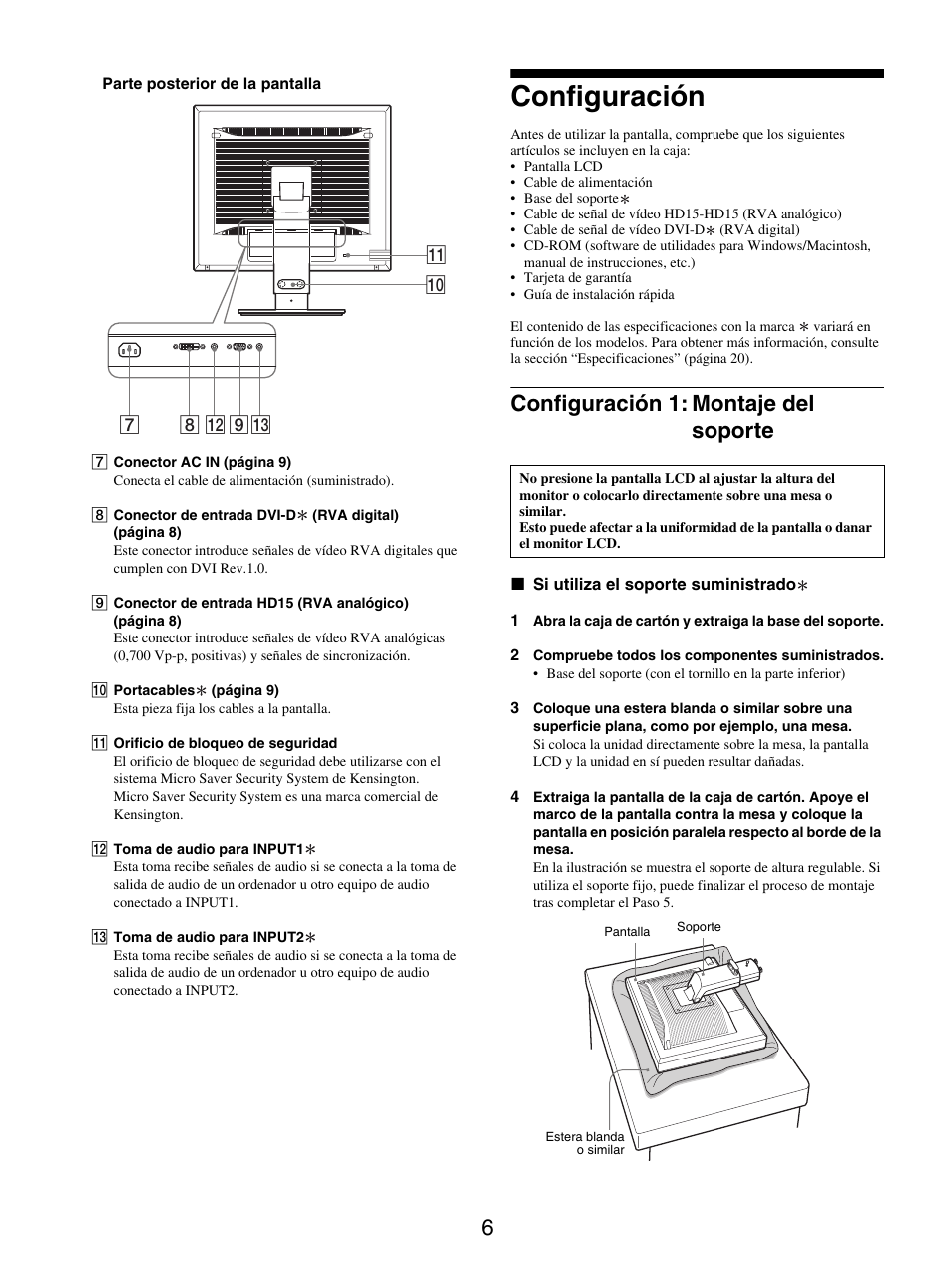 Configuración, Configuración 1: montaje del soporte | Sony SDM-S95ER User Manual | Page 54 / 97