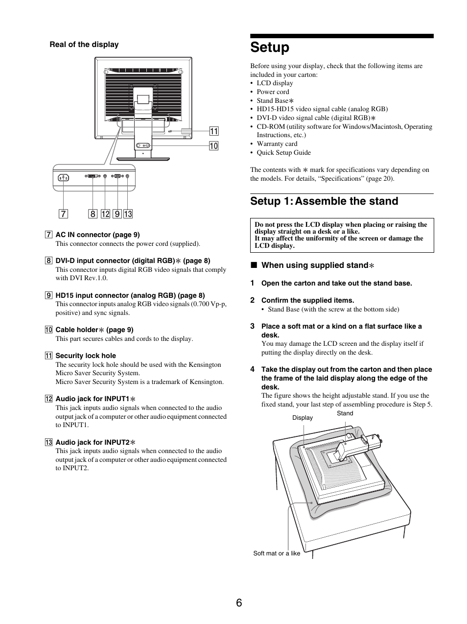 Setup, Setup 1: assemble the stand | Sony SDM-S95ER User Manual | Page 6 / 97