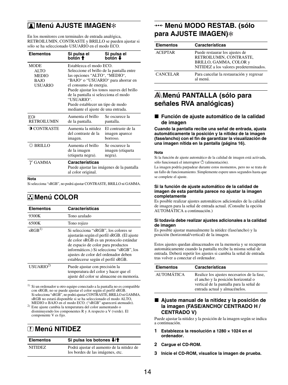 Menú ajuste imagen, Menú color, Menú nitidez | Menú modo restab. (sólo para ajuste imagen), Menú pantalla (sólo para señales rva analógicas), 0 menú modo restab. (sólo para ajuste imagen) | Sony SDM-S95ER User Manual | Page 62 / 97