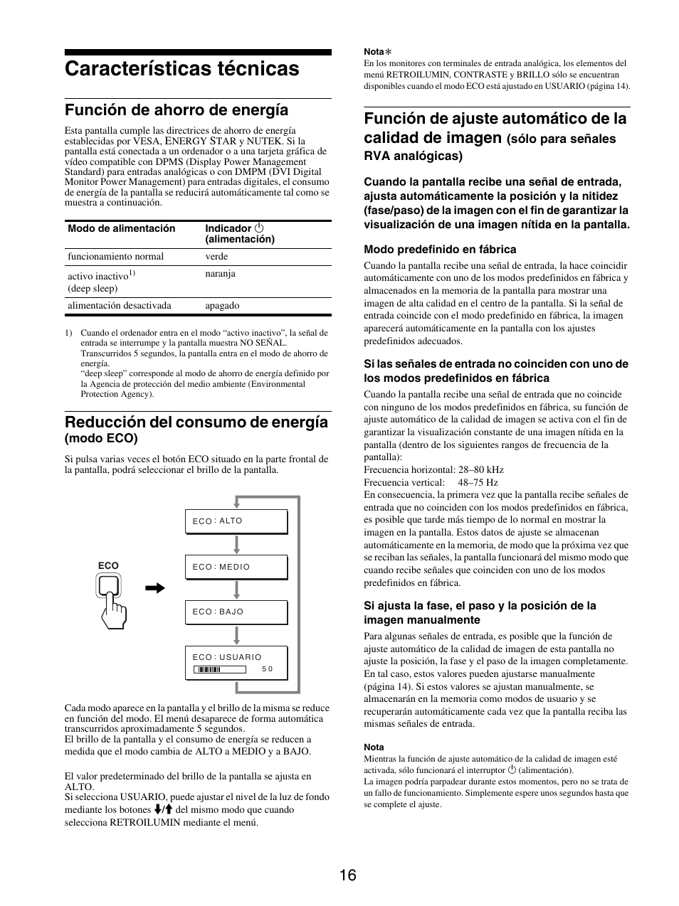 Características técnicas, Función de ahorro de energía, Reducción del consumo de energía (modo eco) | Reducción del consumo de energía | Sony SDM-S95ER User Manual | Page 64 / 97