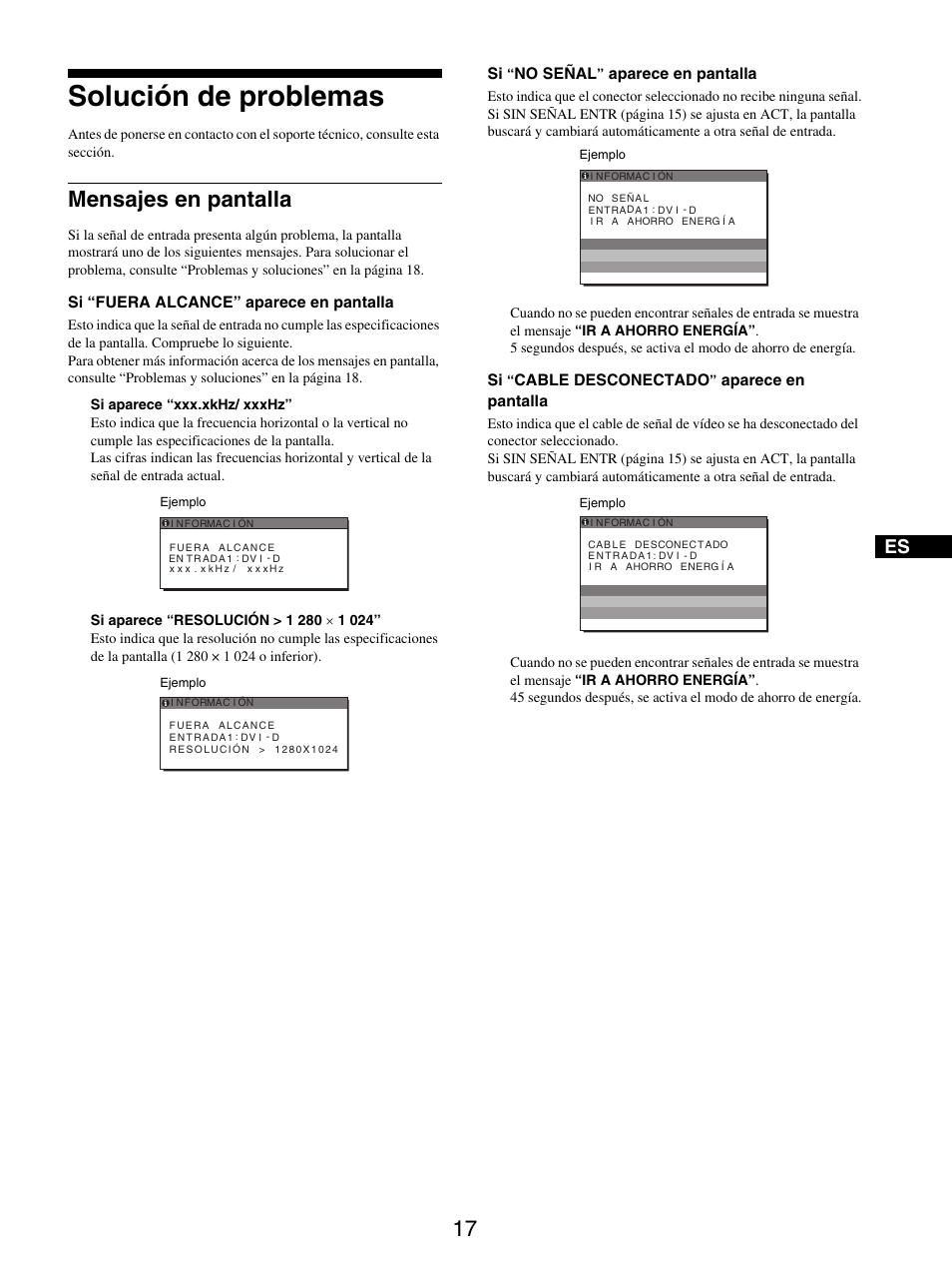 Solución de problemas, Mensajes en pantalla | Sony SDM-S95ER User Manual | Page 65 / 97