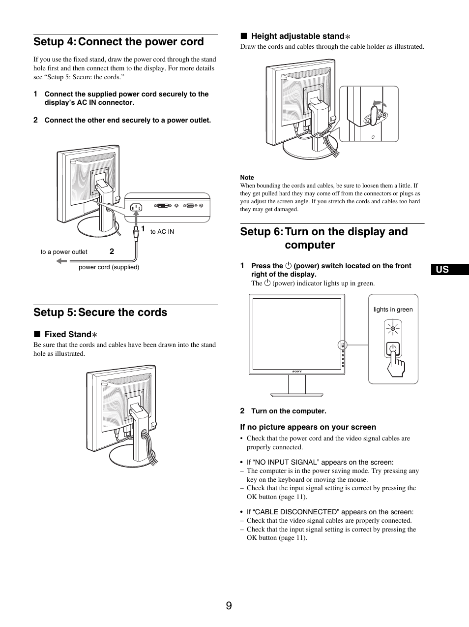 Setup 4: connect the power cord, Setup 5: secure the cords, Setup 6: turn on the display and computer | Sony SDM-S95ER User Manual | Page 9 / 97