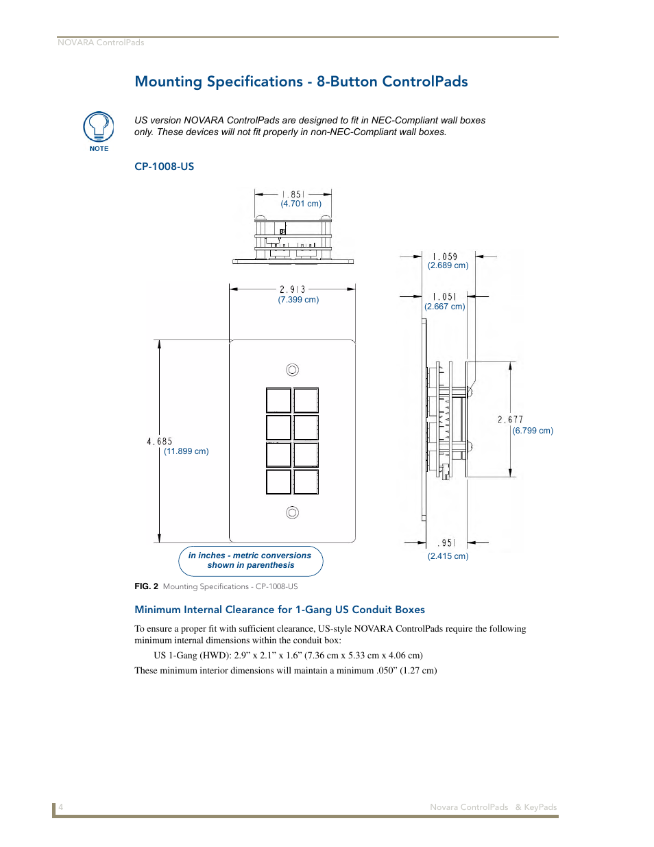 Mounting specifications - 8-button controlpads, Cp-1008-us | AMX Novara 1000 Series User Manual | Page 10 / 88