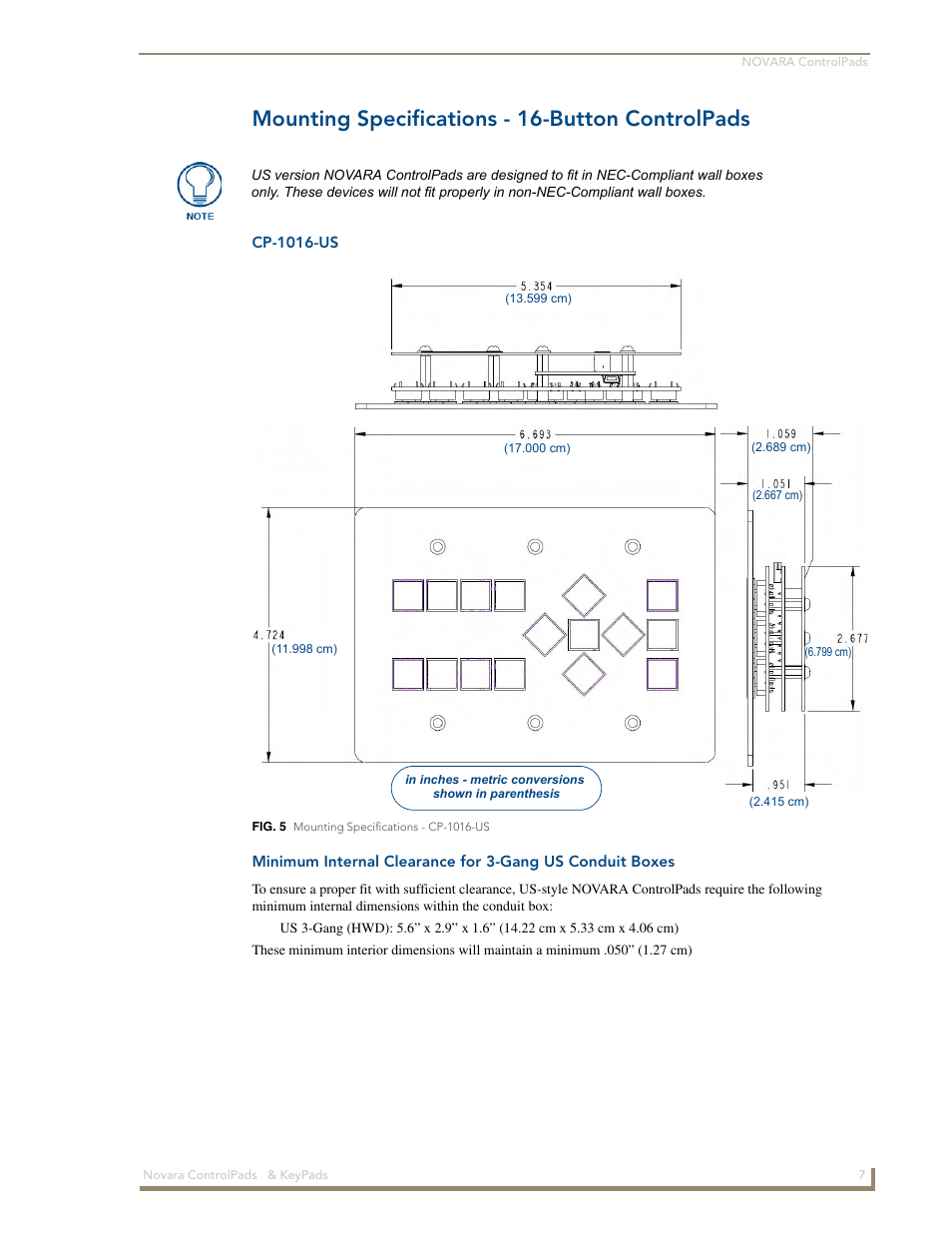 Mounting specifications - 16-button controlpads, Cp-1016-us | AMX Novara 1000 Series User Manual | Page 13 / 88