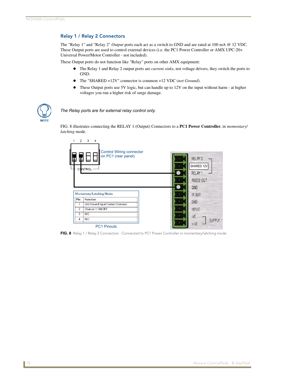 Relay 1 / relay 2 connectors | AMX Novara 1000 Series User Manual | Page 16 / 88