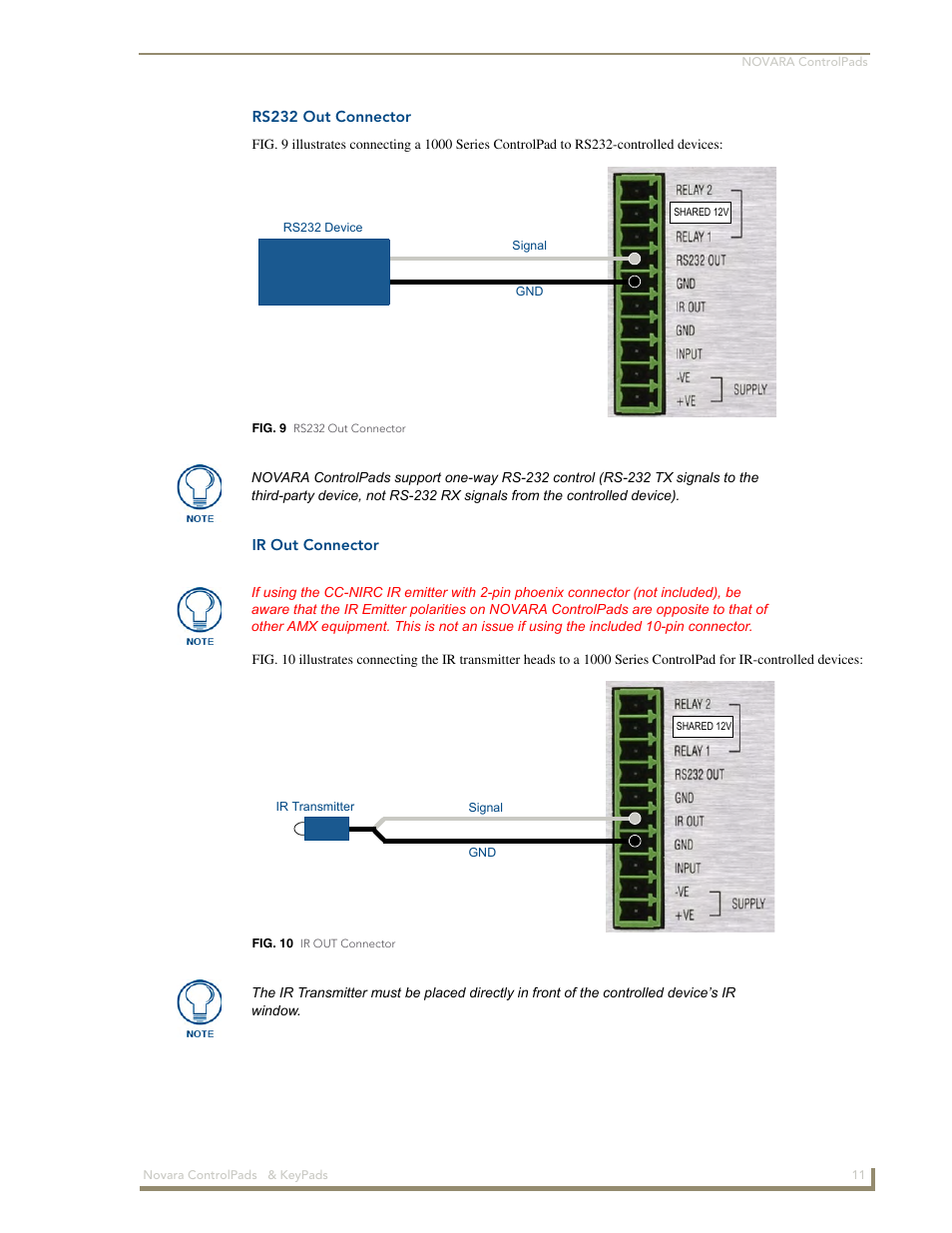 Rs232 out connector, Ir out connector | AMX Novara 1000 Series User Manual | Page 17 / 88