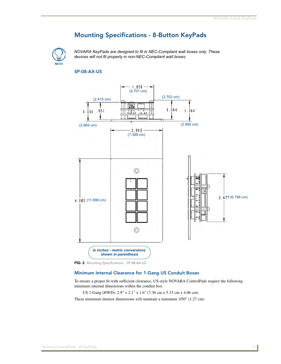 Mounting specifications - 8-button keypads, Sp-08-ax-us | AMX Novara 1000 Series User Manual | Page 23 / 88