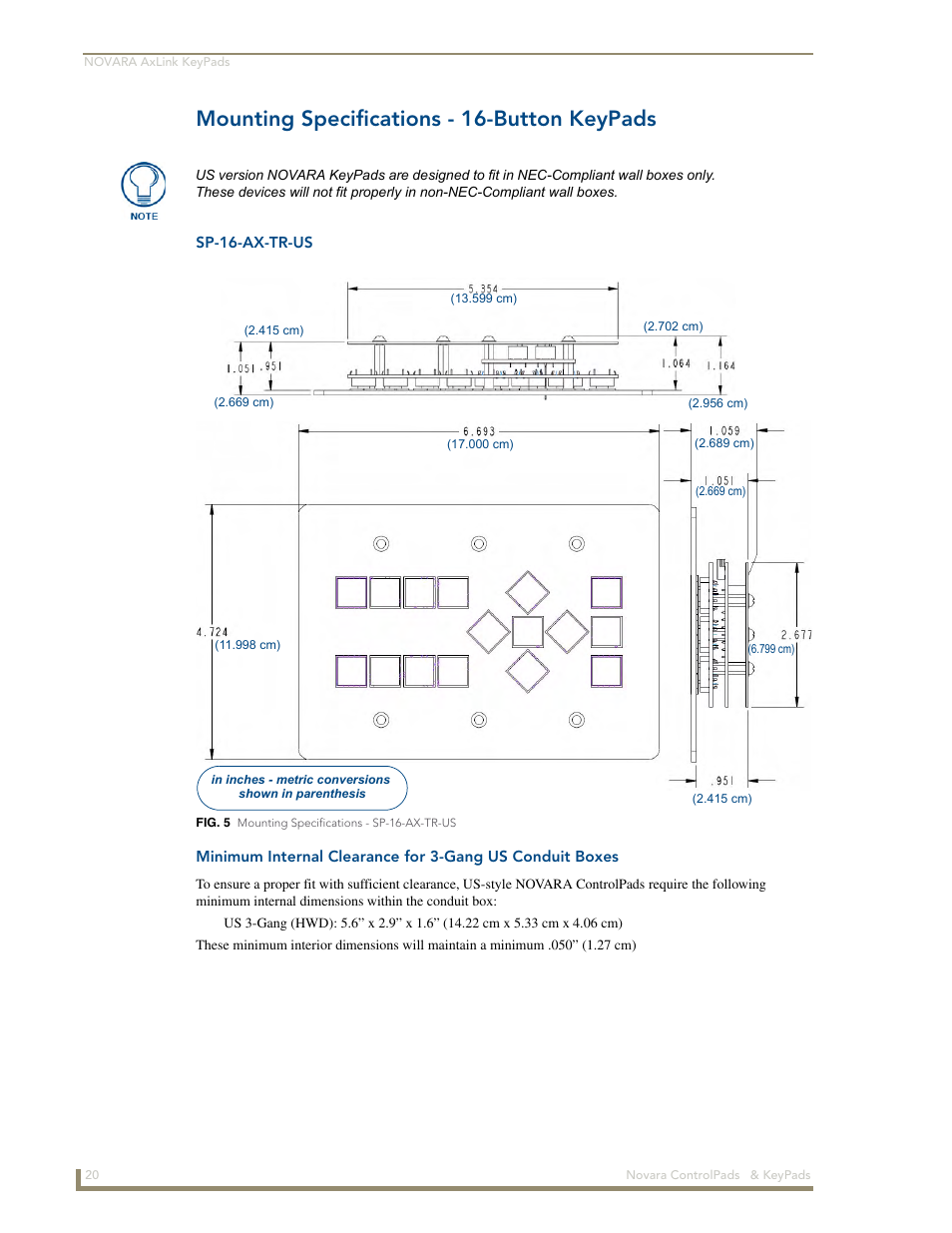 Mounting specifications - 16-button keypads, Sp-16-ax-tr-us | AMX Novara 1000 Series User Manual | Page 26 / 88