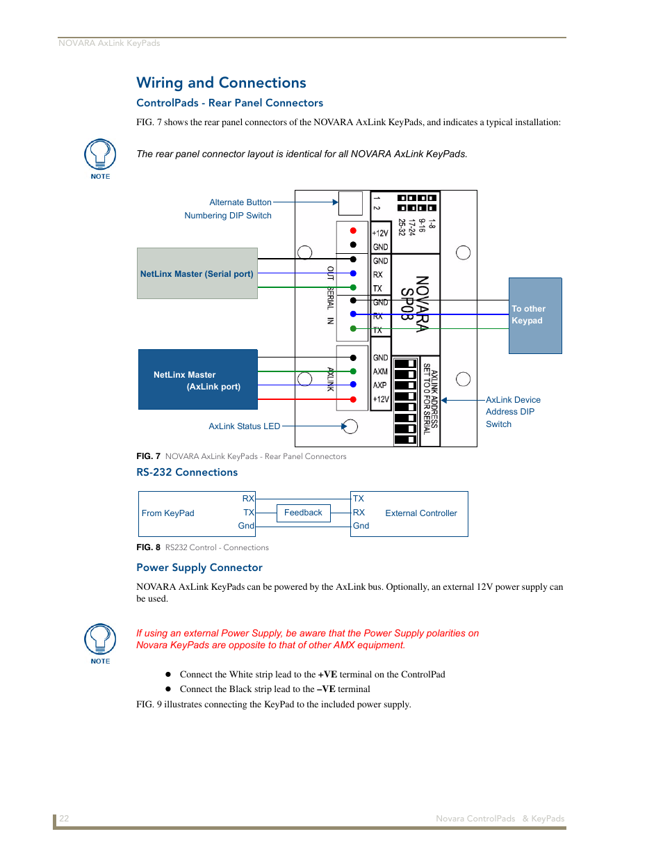 Wiring and connections, Controlpads - rear panel connectors, Rs-232 connections | Power supply connector | AMX Novara 1000 Series User Manual | Page 28 / 88