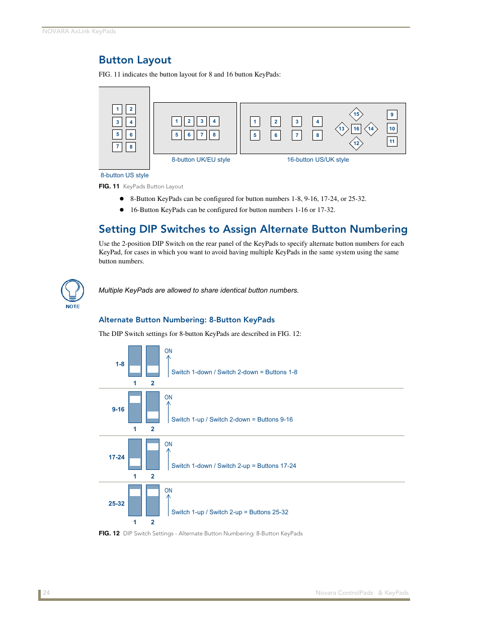 Button layout, Alternate button numbering: 8-button keypads | AMX Novara 1000 Series User Manual | Page 30 / 88