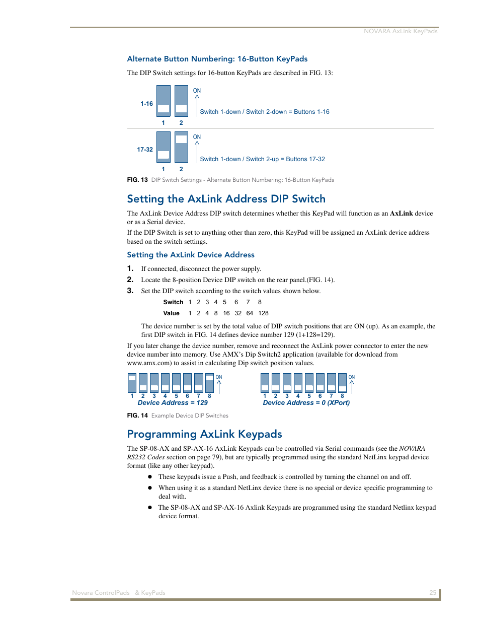 Alternate button numbering: 16-button keypads, Setting the axlink address dip switch, Setting the axlink device address | Programming axlink keypads | AMX Novara 1000 Series User Manual | Page 31 / 88