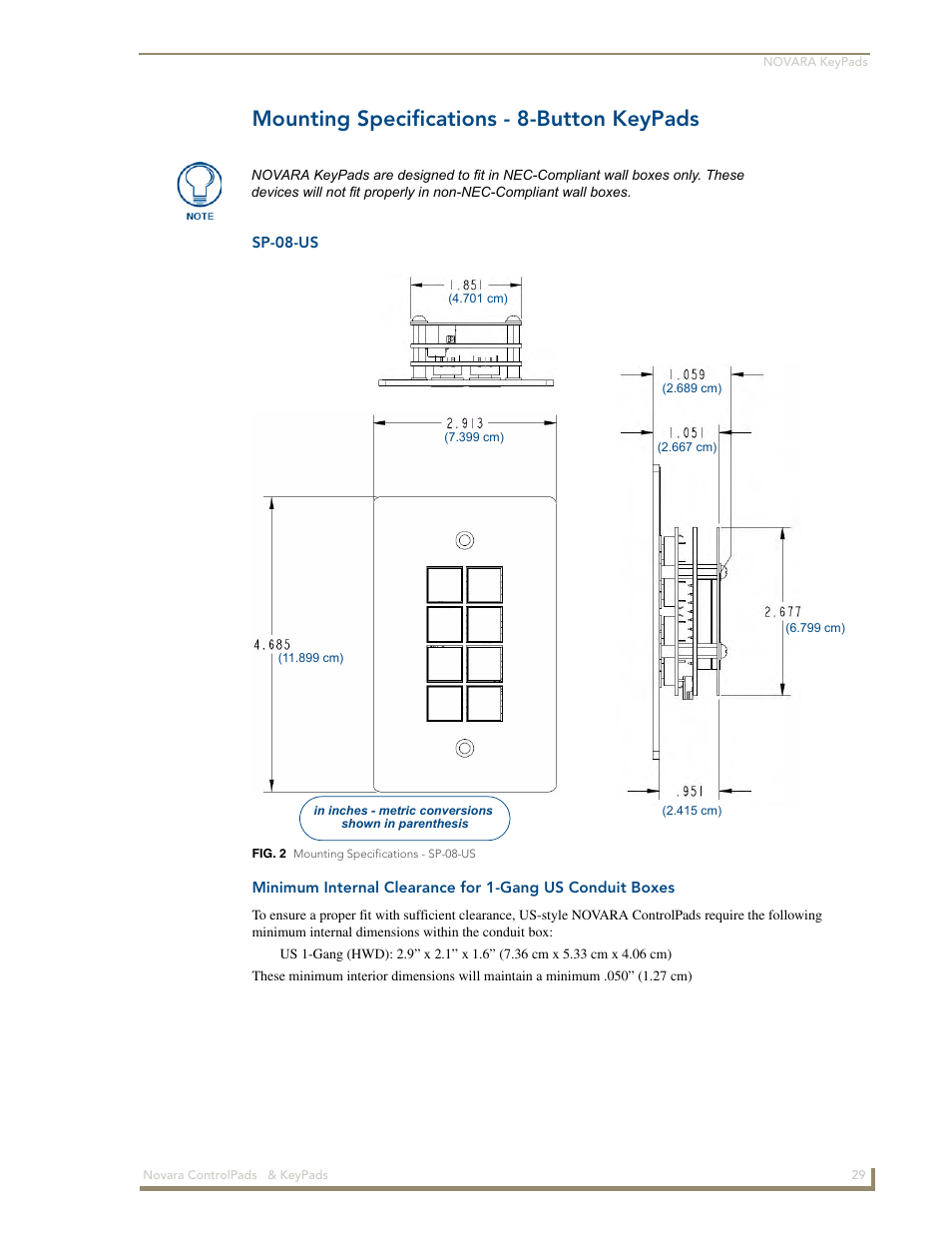 Mounting specifications - 8-button keypads, Sp-08-us | AMX Novara 1000 Series User Manual | Page 35 / 88