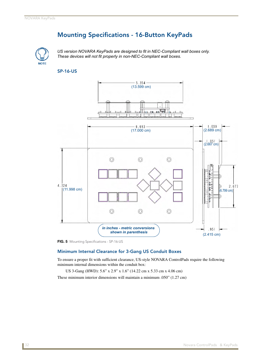 Mounting specifications - 16-button keypads, Sp-16-us | AMX Novara 1000 Series User Manual | Page 38 / 88