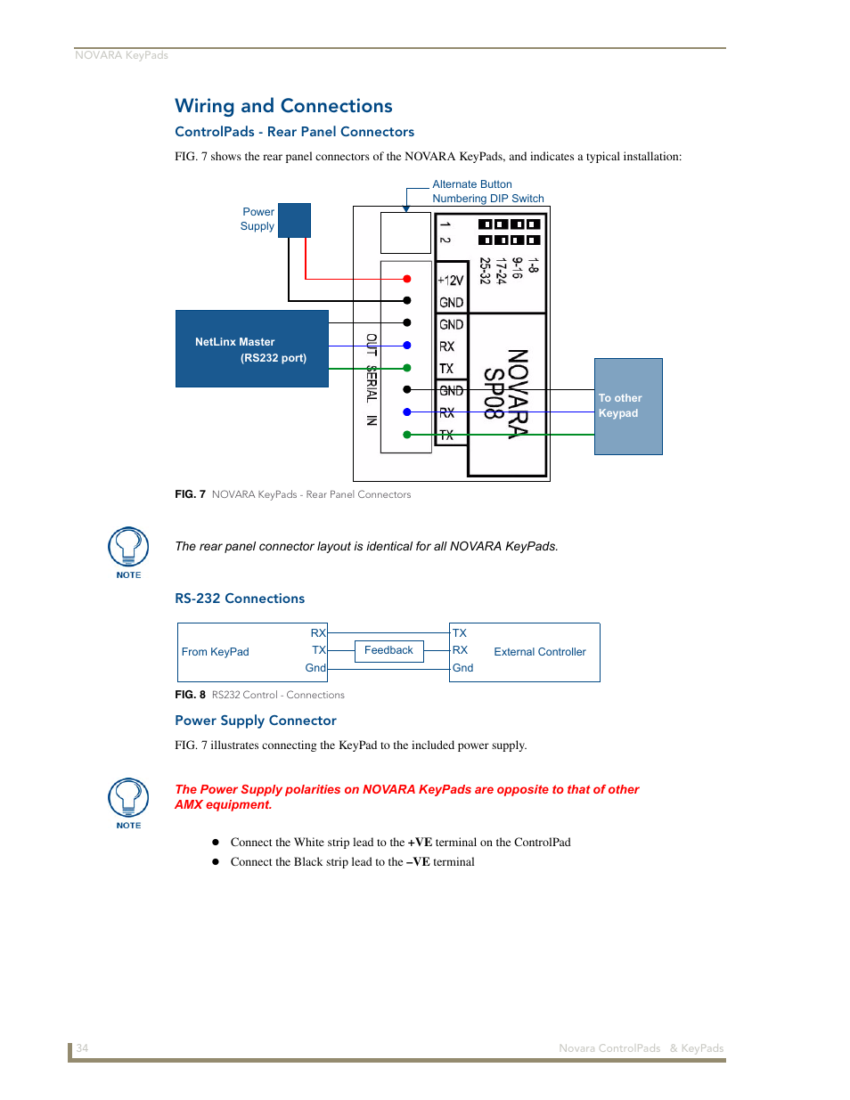 Wiring and connections, Controlpads - rear panel connectors, Rs-232 connections | Power supply connector | AMX Novara 1000 Series User Manual | Page 40 / 88