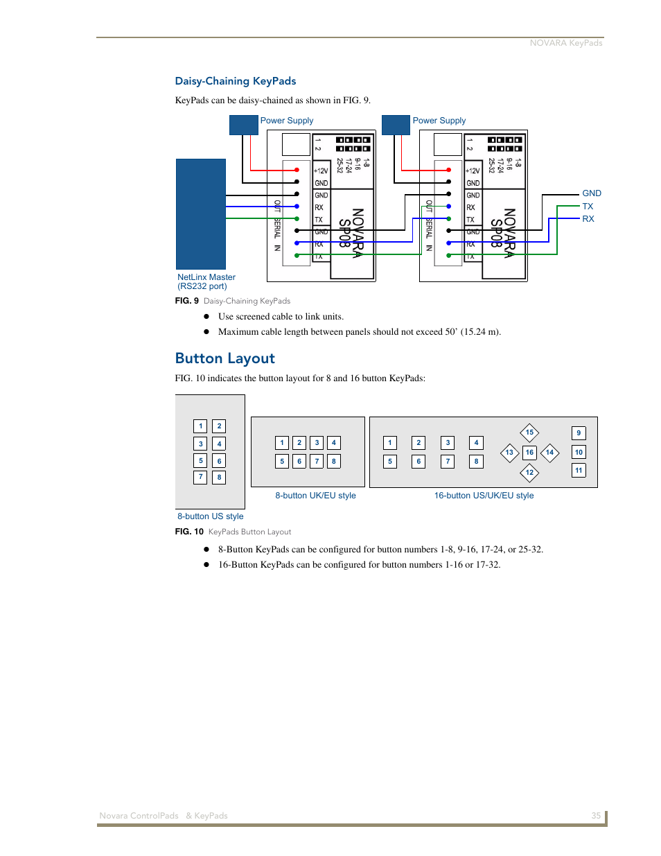 Daisy-chaining keypads, Button layout | AMX Novara 1000 Series User Manual | Page 41 / 88