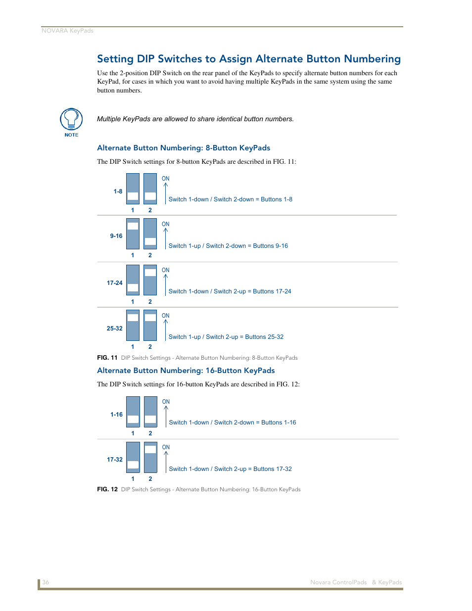 Alternate button numbering: 8-button keypads, Alternate button numbering: 16-button keypads | AMX Novara 1000 Series User Manual | Page 42 / 88