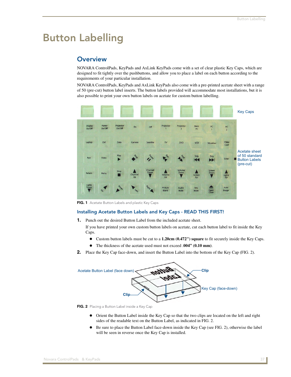 Button labelling, Overview | AMX Novara 1000 Series User Manual | Page 43 / 88