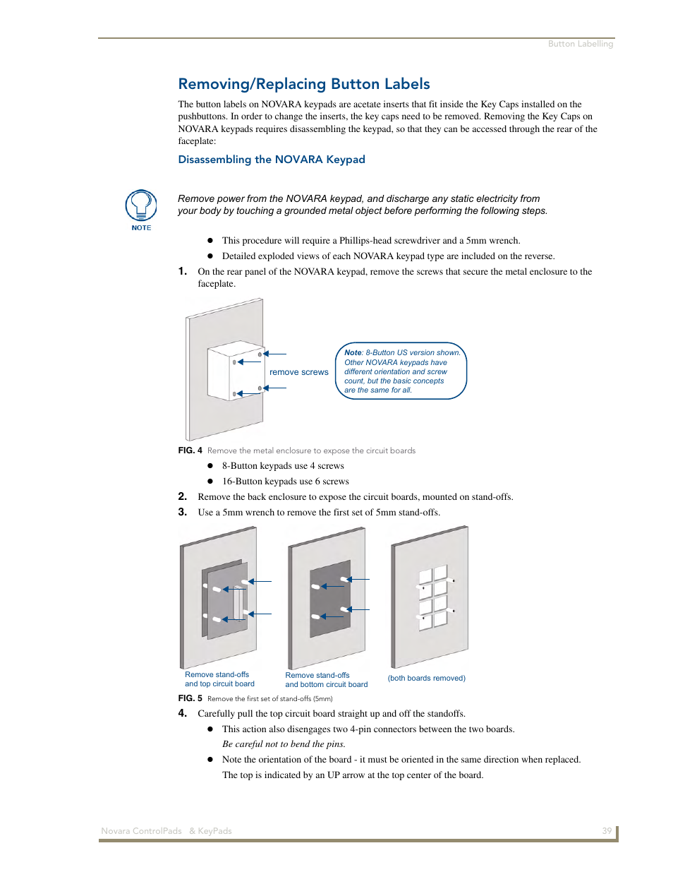 Removing/replacing button labels, Disassembling the novara keypad | AMX Novara 1000 Series User Manual | Page 45 / 88