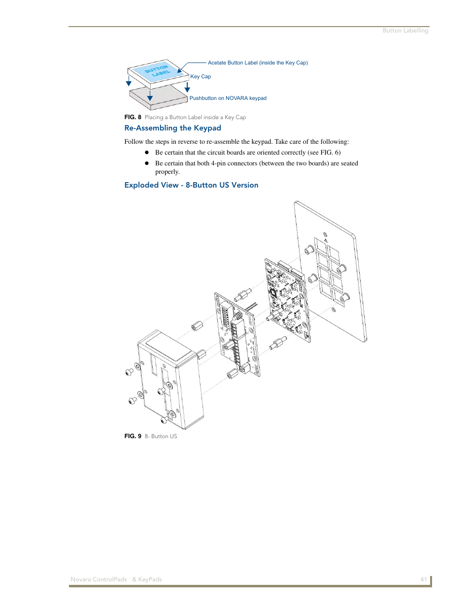 Re-assembling the keypad, Exploded view - 8-button us version | AMX Novara 1000 Series User Manual | Page 47 / 88