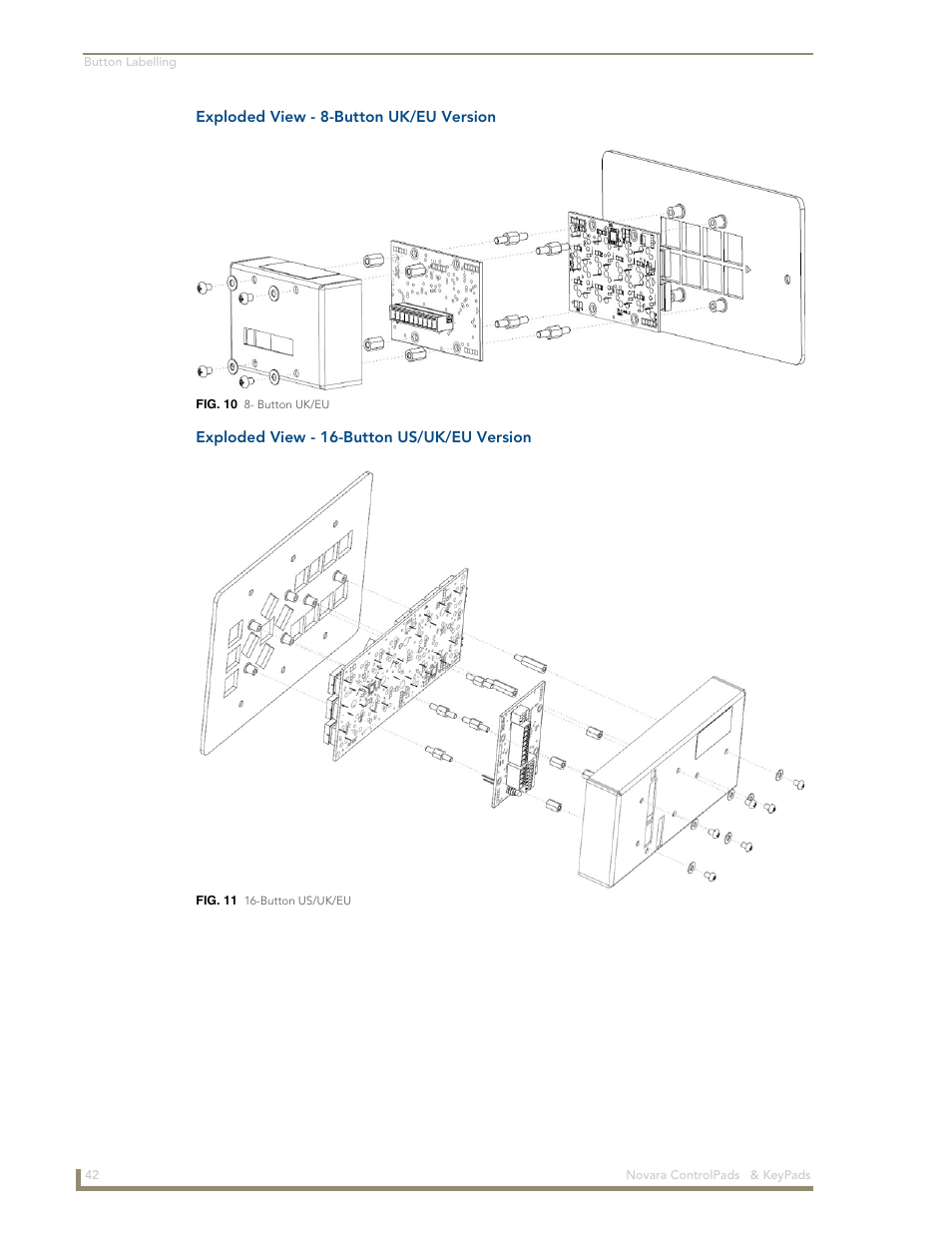 Exploded view - 8-button uk/eu version, Exploded view - 16-button us/uk/eu version | AMX Novara 1000 Series User Manual | Page 48 / 88