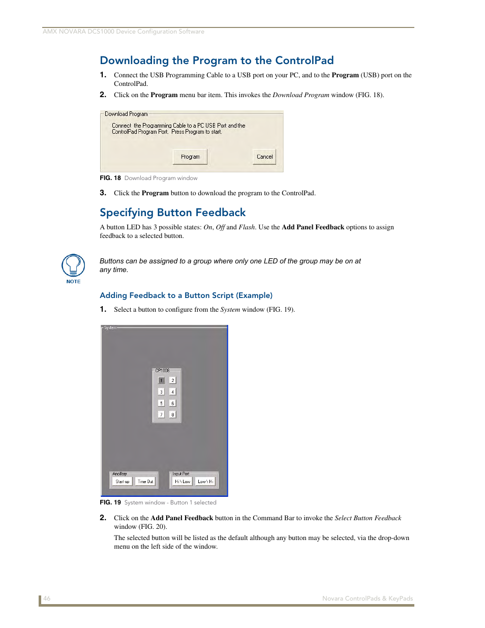 Downloading the program to the controlpad, Specifying button feedback, Adding feedback to a button script (example) | AMX Novara 1000 Series User Manual | Page 52 / 88