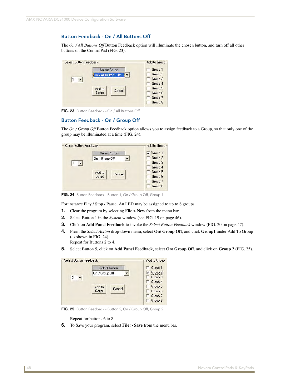 Button feedback - on / all buttons off, Button feedback - on / group off | AMX Novara 1000 Series User Manual | Page 54 / 88