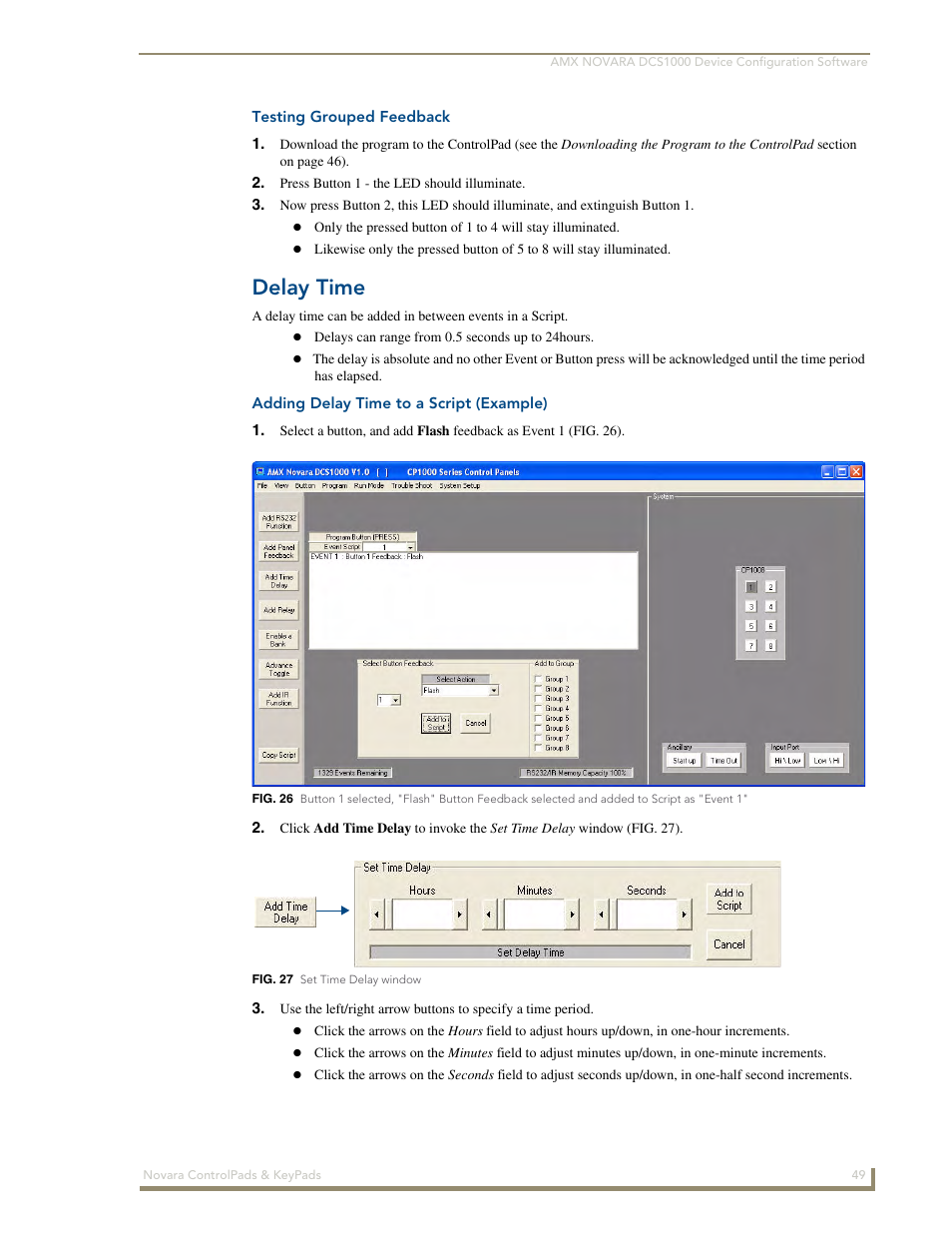 Testing grouped feedback, Delay time, Adding delay time to a script (example) | AMX Novara 1000 Series User Manual | Page 55 / 88