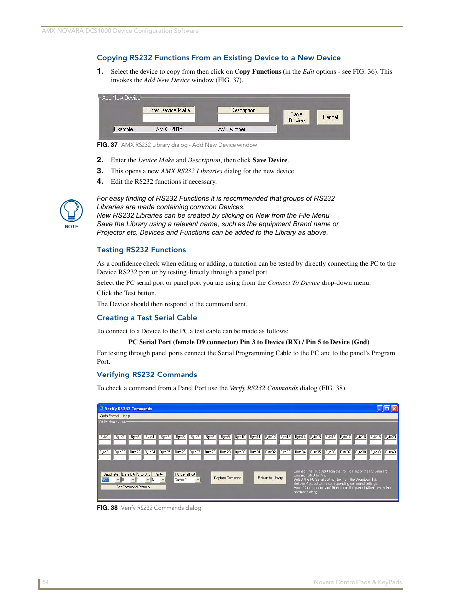 Testing rs232 functions, Creating a test serial cable, Verifying rs232 commands | AMX Novara 1000 Series User Manual | Page 60 / 88