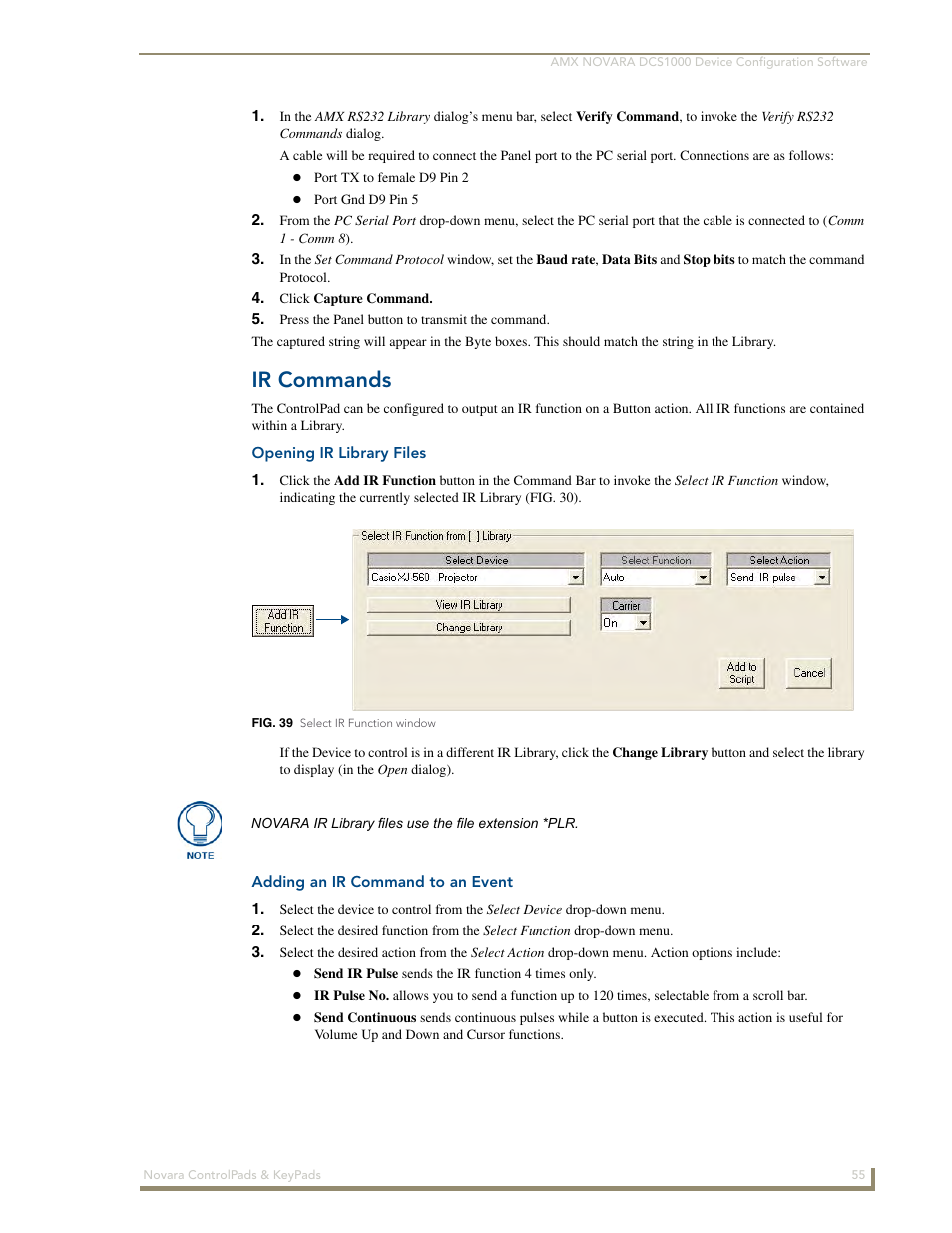 Ir commands, Opening ir library files, Adding an ir command to an event | AMX Novara 1000 Series User Manual | Page 61 / 88