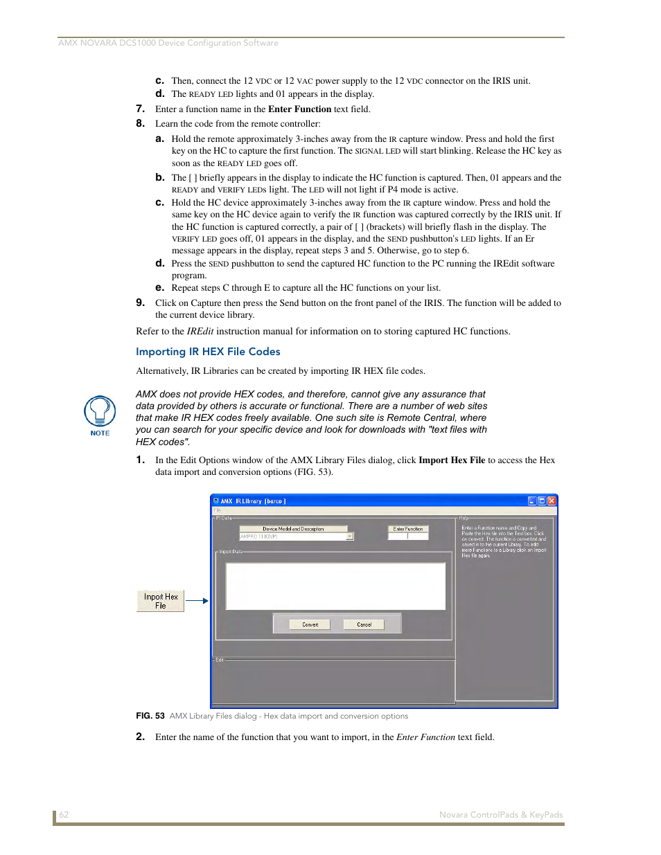 Importing ir hex file codes | AMX Novara 1000 Series User Manual | Page 68 / 88