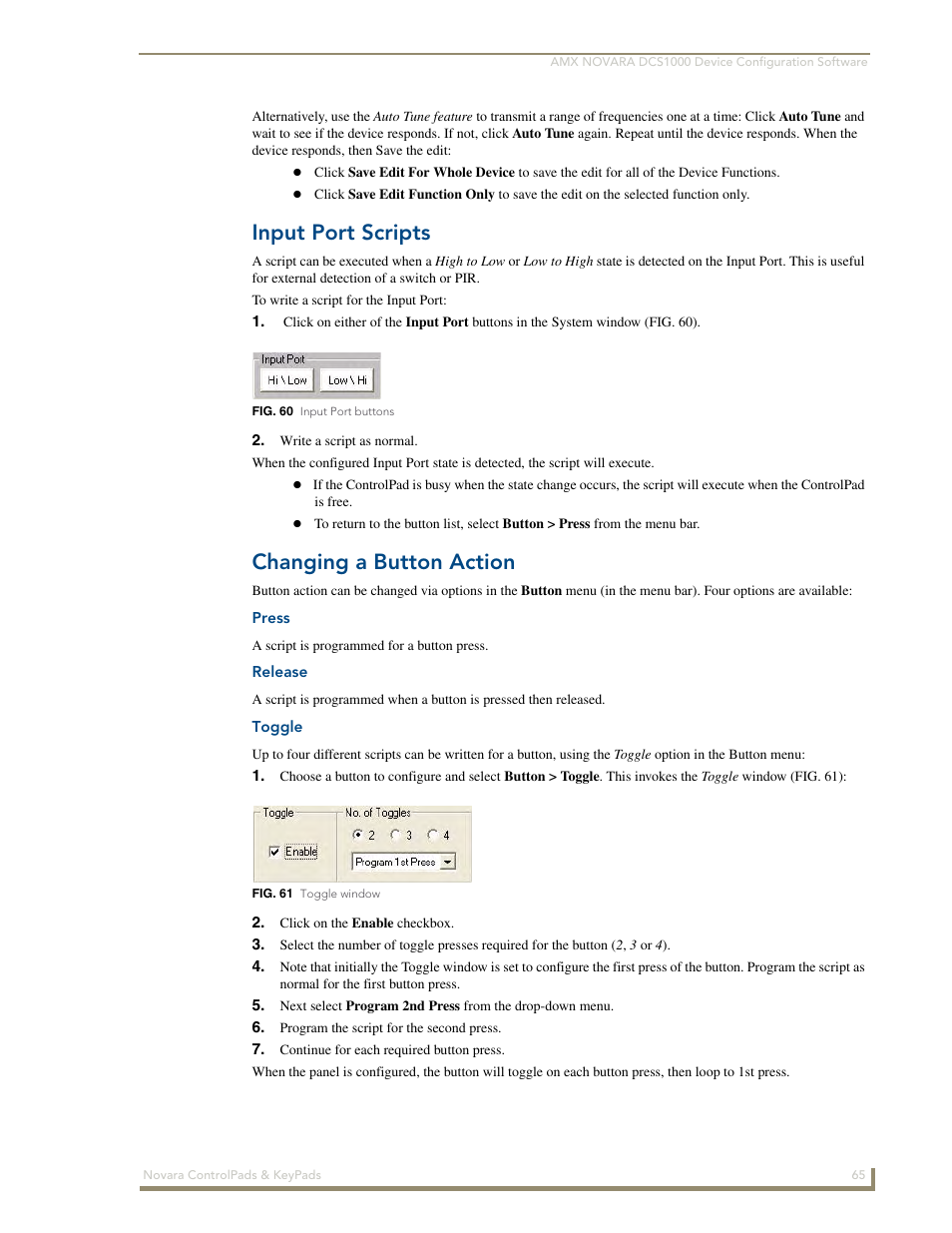 Input port scripts, Changing a button action, Press | Release, Toggle | AMX Novara 1000 Series User Manual | Page 71 / 88