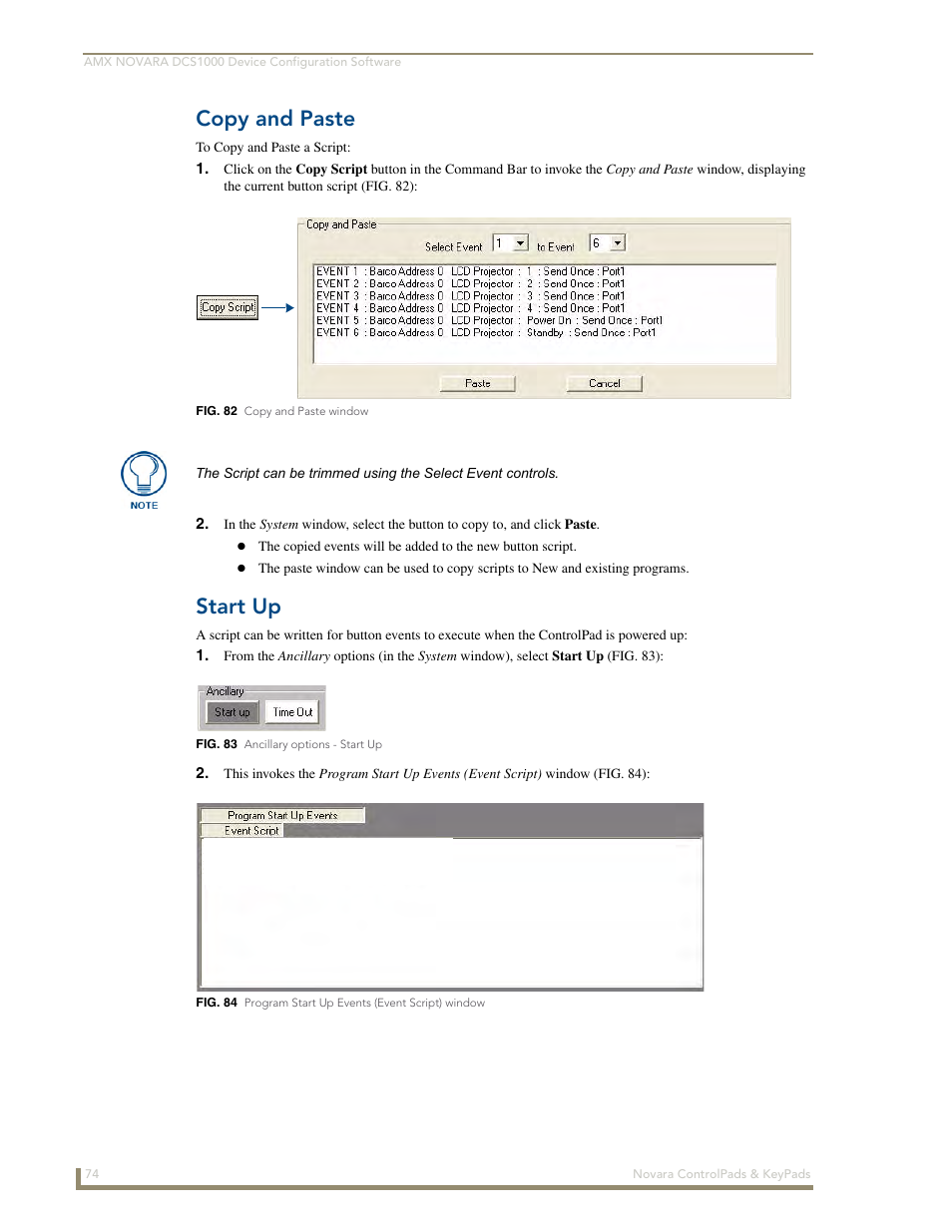 Copy and paste, Start up | AMX Novara 1000 Series User Manual | Page 80 / 88