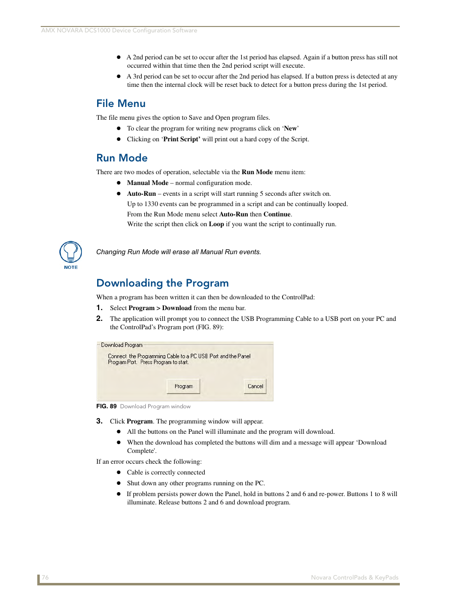 File menu, Run mode, Downloading the program | AMX Novara 1000 Series User Manual | Page 82 / 88