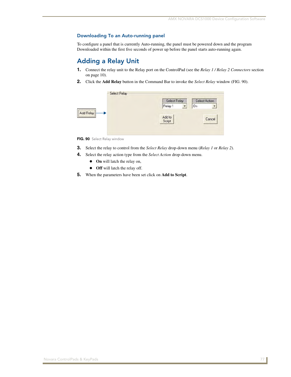 Downloading to an auto-running panel, Adding a relay unit | AMX Novara 1000 Series User Manual | Page 83 / 88