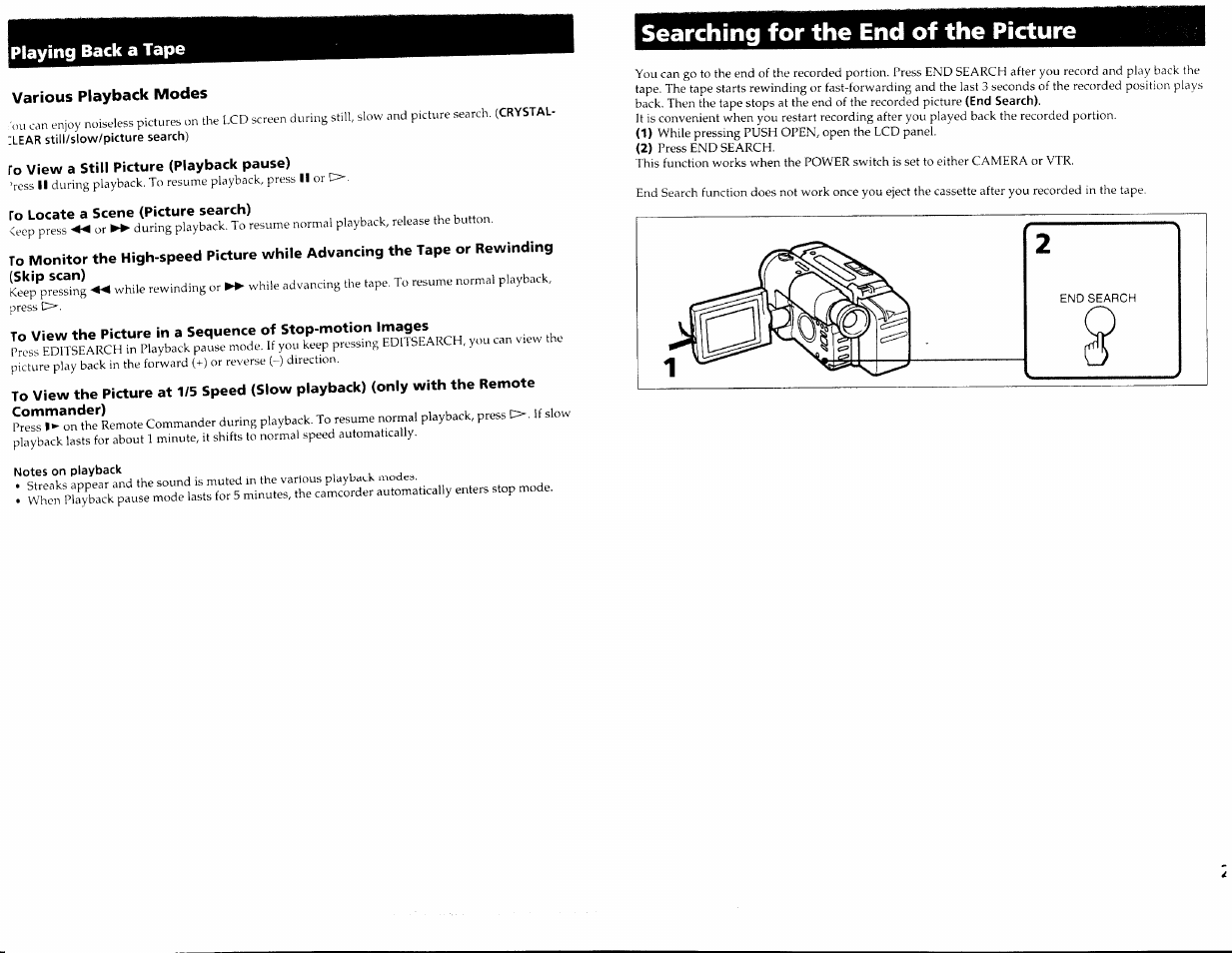 Searching for the end of the picture, Various playback modes, To view a still picture (playback pause) | To locate a scene (picture search), Notes on playback | Sony CCD-TRV30 User Manual | Page 11 / 29