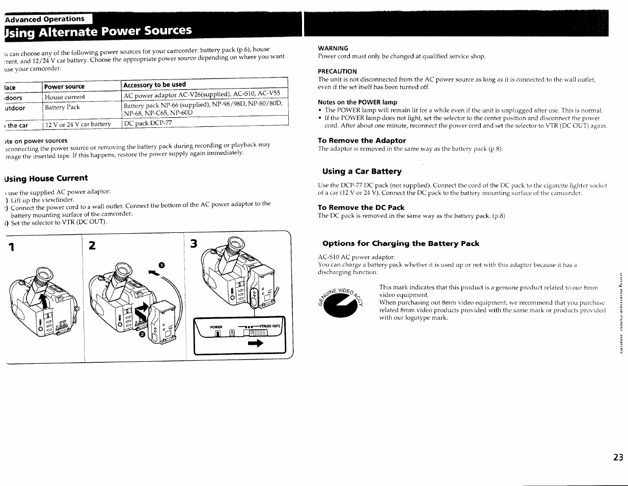 Advanced operations, Sing alternate power sources, Te on power sources | Using house current, Warning, Precaution, Notes on the power lamp, To remove the adaptor, Using a car battery, To remove the dc pack | Sony CCD-TRV30 User Manual | Page 12 / 29