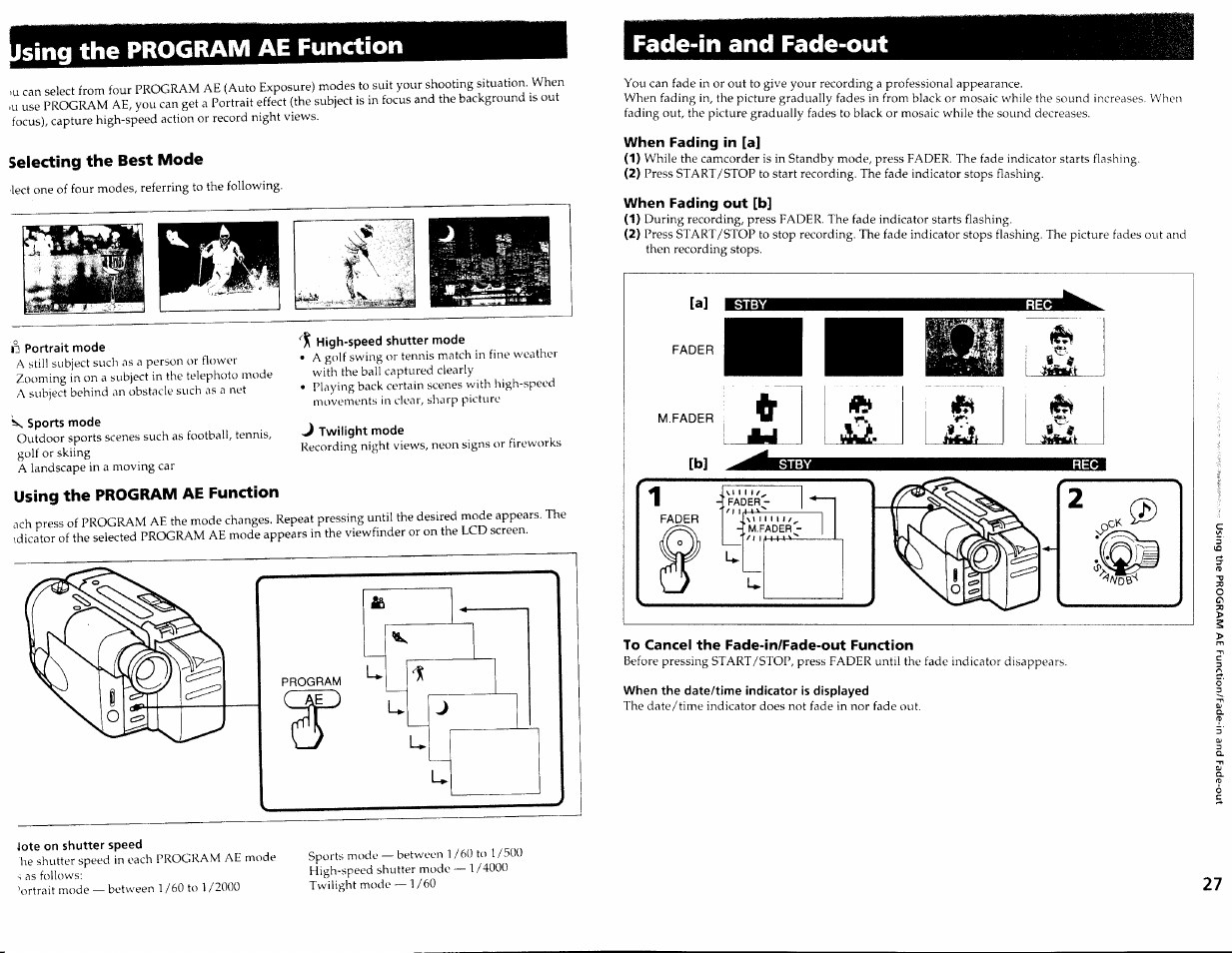 Sing the program ae function, Selecting the best mode, Portrait mode | Sports mode, Using the program ae function, High-speed shutter mode, Twilight mode, Jote on shutter speed, Fade-in and fade-out, When fading in [a | Sony CCD-TRV30 User Manual | Page 14 / 29