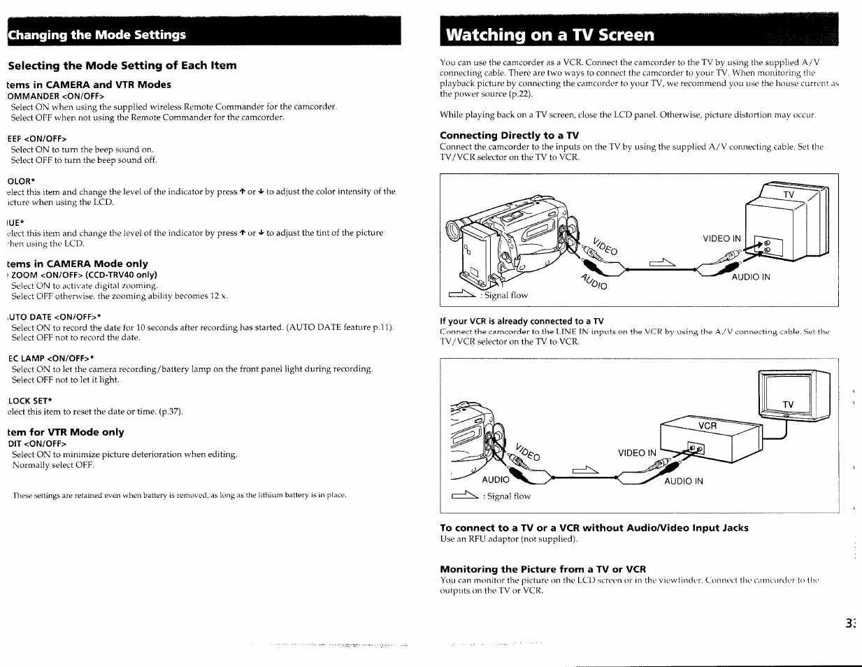 Selecting the mode setting of each item, Terns in camera and vtr modes, Ommander <on/off | Eef <on/off, Olor, Terns in camera mode only, Zoom <on/off> (ccd-trv40 only), Uto date <on/off, Ec lamp <on/off, Lock set | Sony CCD-TRV30 User Manual | Page 17 / 29
