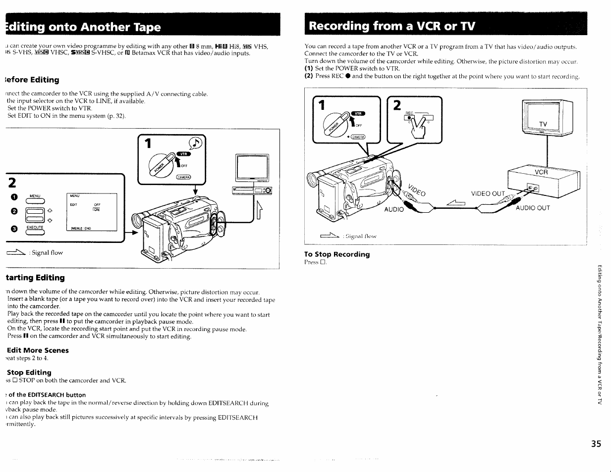Diting onto another tape, Recording from a vcr or tv, Iefore editing | Edit more scenes, Stop editing, To stop recording, Of the editsearch button | Sony CCD-TRV30 User Manual | Page 18 / 29