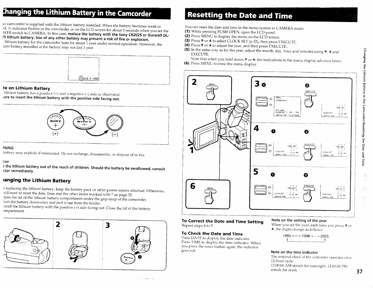 Hanging the lithium battery in the camcorder, Te on lithium battery, Ning | Tanging the lithium battery, Note on the time indicator, Resetting the date and time | Sony CCD-TRV30 User Manual | Page 19 / 29