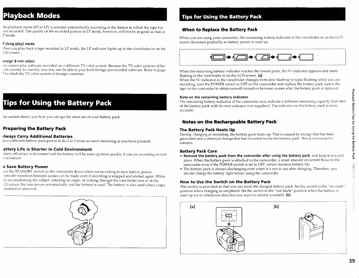 P (long play) mode, Oreign 8 mm video, Tips for using the battery pack | Preparing the battery pack, Vlways carry additional batteries, Attery life is shorter in cold environment, O save battery power, When to replace the battery pack, Note on the remaining battery indicator, Notes on the rechargeable battery pack | Sony CCD-TRV30 User Manual | Page 20 / 29