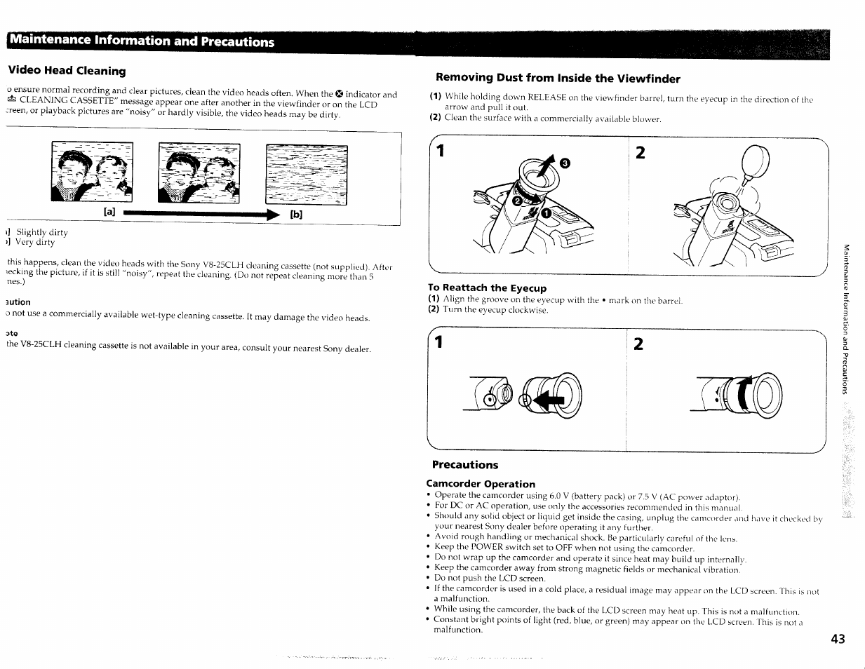 Video head cleaning, Aution, Removing dust from inside the viewfinder | Precautions, Camcorder operation, Maintenance information and precautions | Sony CCD-TRV30 User Manual | Page 21 / 29