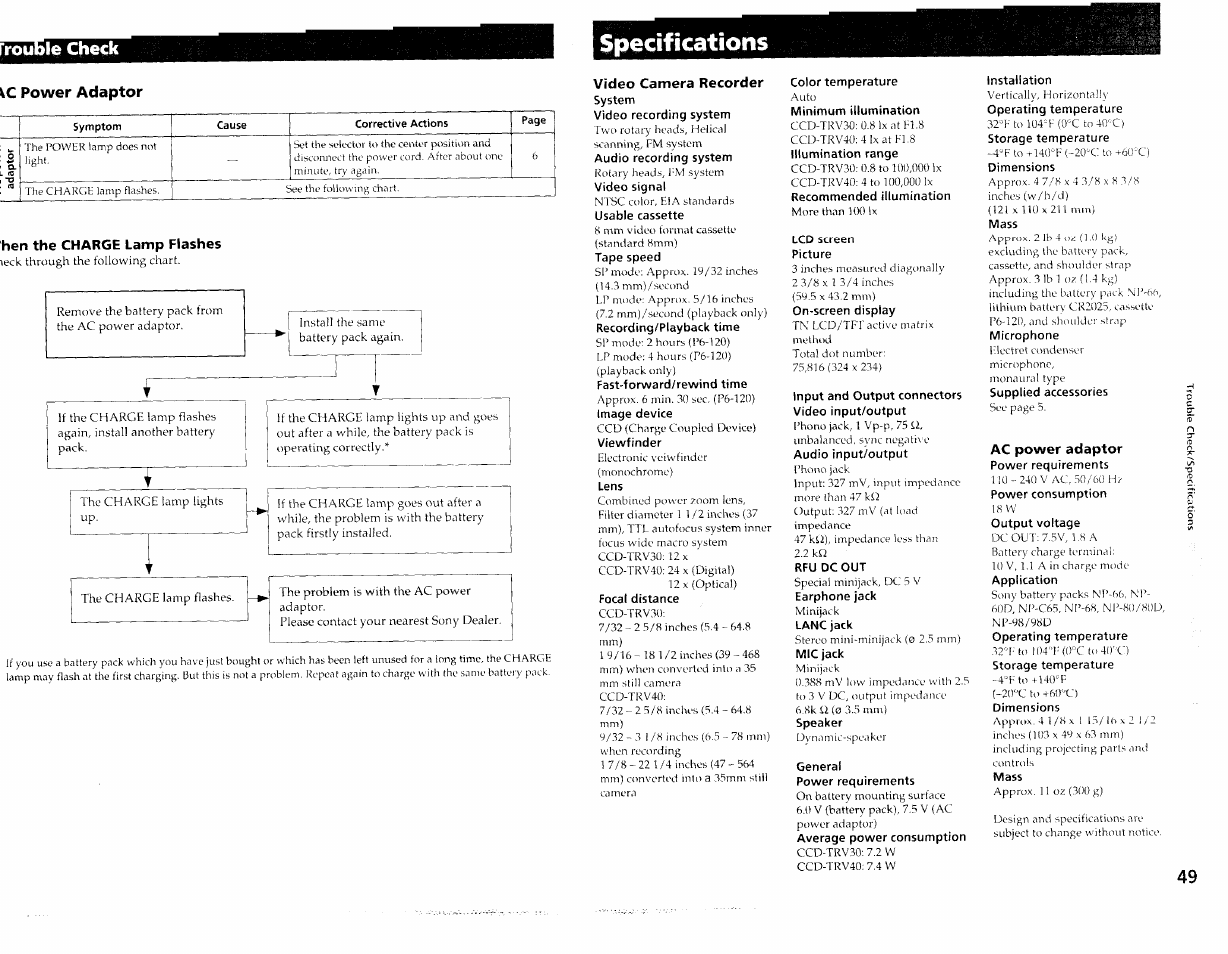 Specifications, Vc power adaptor, Hen the charge lamp flashes | Video camera recorder, System, Video recording system, Video signal, Tape speed, Viewfinder, Lens | Sony CCD-TRV30 User Manual | Page 24 / 29