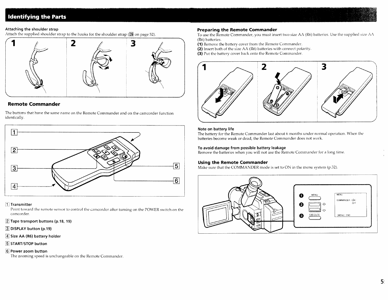 Tape transport buttons (p.18, 19), Display button (p.19), Preparing the remote commander | Note on battery life, To avoid damage from possible battery leakage, Using the remote commander, Identifying the parts | Sony CCD-TRV30 User Manual | Page 27 / 29
