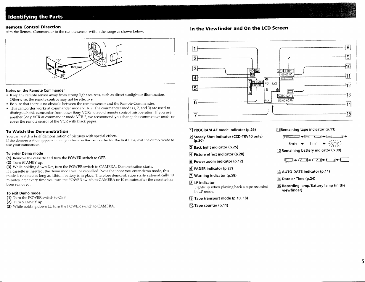 Remote control direction, In the viewfinder and on the lcd screen, Notes on the remote commander | To watch the demonstration, To enter demo mode, To exit demo mode, T] program ae mode indicator (p.26), 2] steady shot indicator (ccd-trv40 only) (p.30), 3] back light indicator (p.25), 4] picture effect indicator (p.28) | Sony CCD-TRV30 User Manual | Page 28 / 29