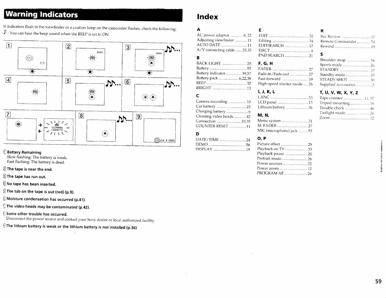 Warning indicators index | Sony CCD-TRV30 User Manual | Page 29 / 29