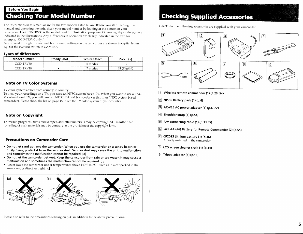 I before you begin, Checking your model number, Types of differences | Note on tv color systems, Note on copyright, Precautions on camcorder care, Checking supplied accessories | Sony CCD-TRV30 User Manual | Page 3 / 29