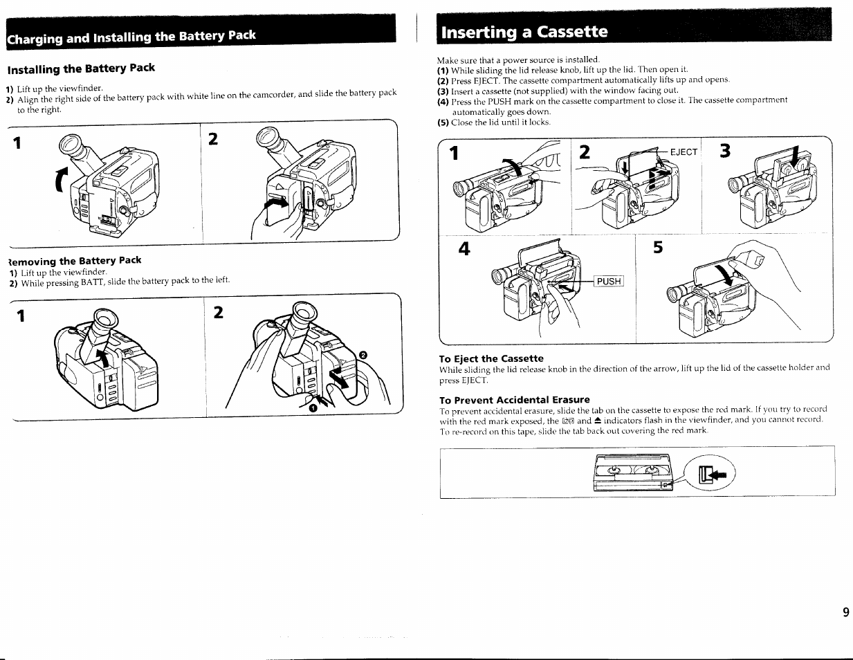 Installing the battery pack, Removing the battery pack, To eject the cassette | To prevent accidental erasure, Inserting a cassette, Charging and installing the battery pack | Sony CCD-TRV30 User Manual | Page 5 / 29