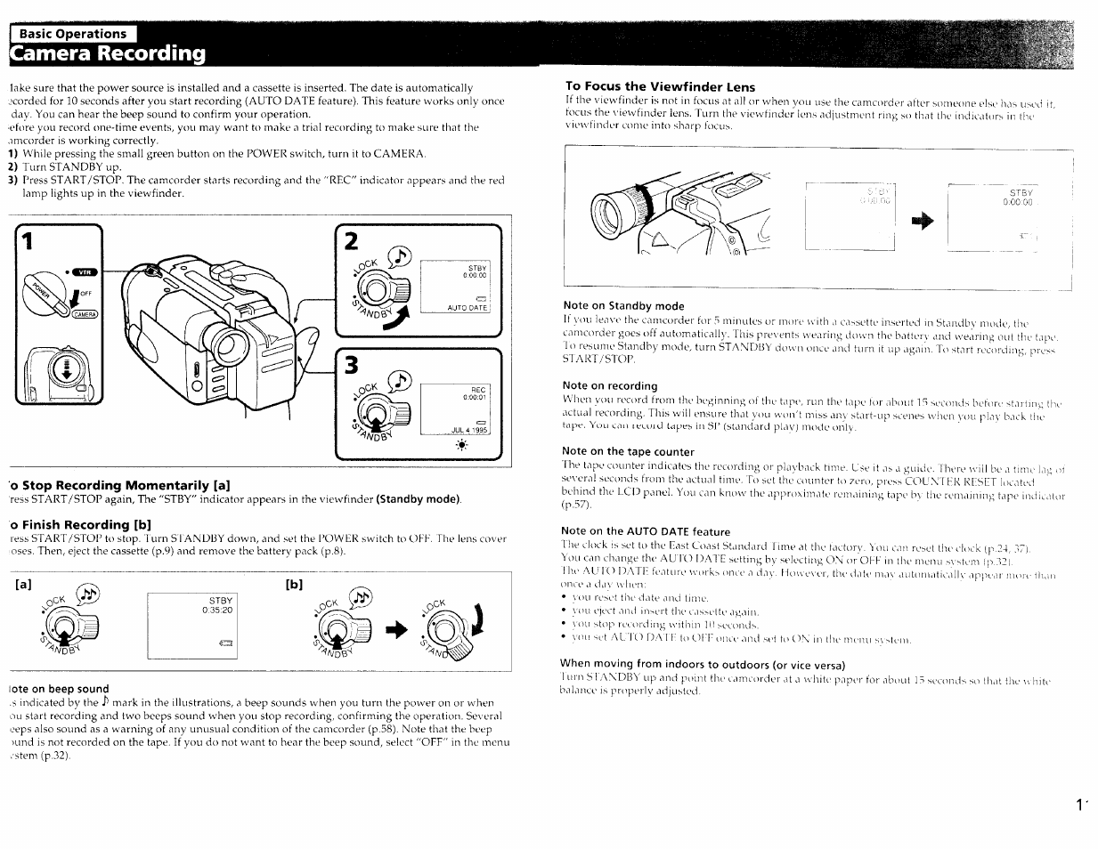 Basic operations, Amera recording, O stop recording momentarily [a | O finish recording [b, Lote on beep sound, To focus the viewfinder lens, Note on standby mode, Note on recording, Note on the tape counter, Note on the auto date feature | Sony CCD-TRV30 User Manual | Page 6 / 29