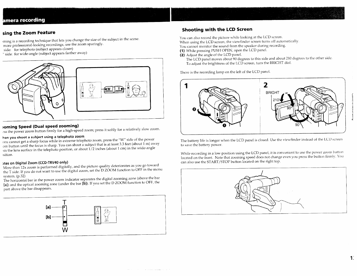 Sing the zoom feature, Oming speed (dual speed zooming), Hen you shoot a subject using a telephoto zoom | Ates on digital zoom (ccd-trv40 only), Shooting with the lcd screen, Mera recording | Sony CCD-TRV30 User Manual | Page 7 / 29